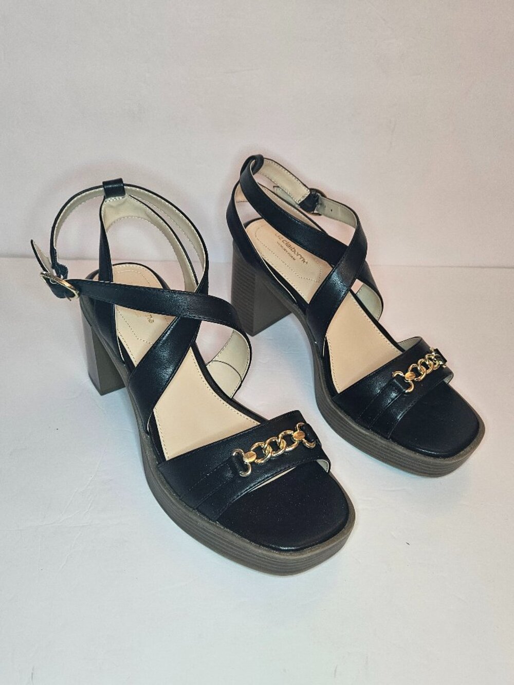Liz Claiborne Black Platform Block Heel Sandals with Gold Accent Womens Size 9